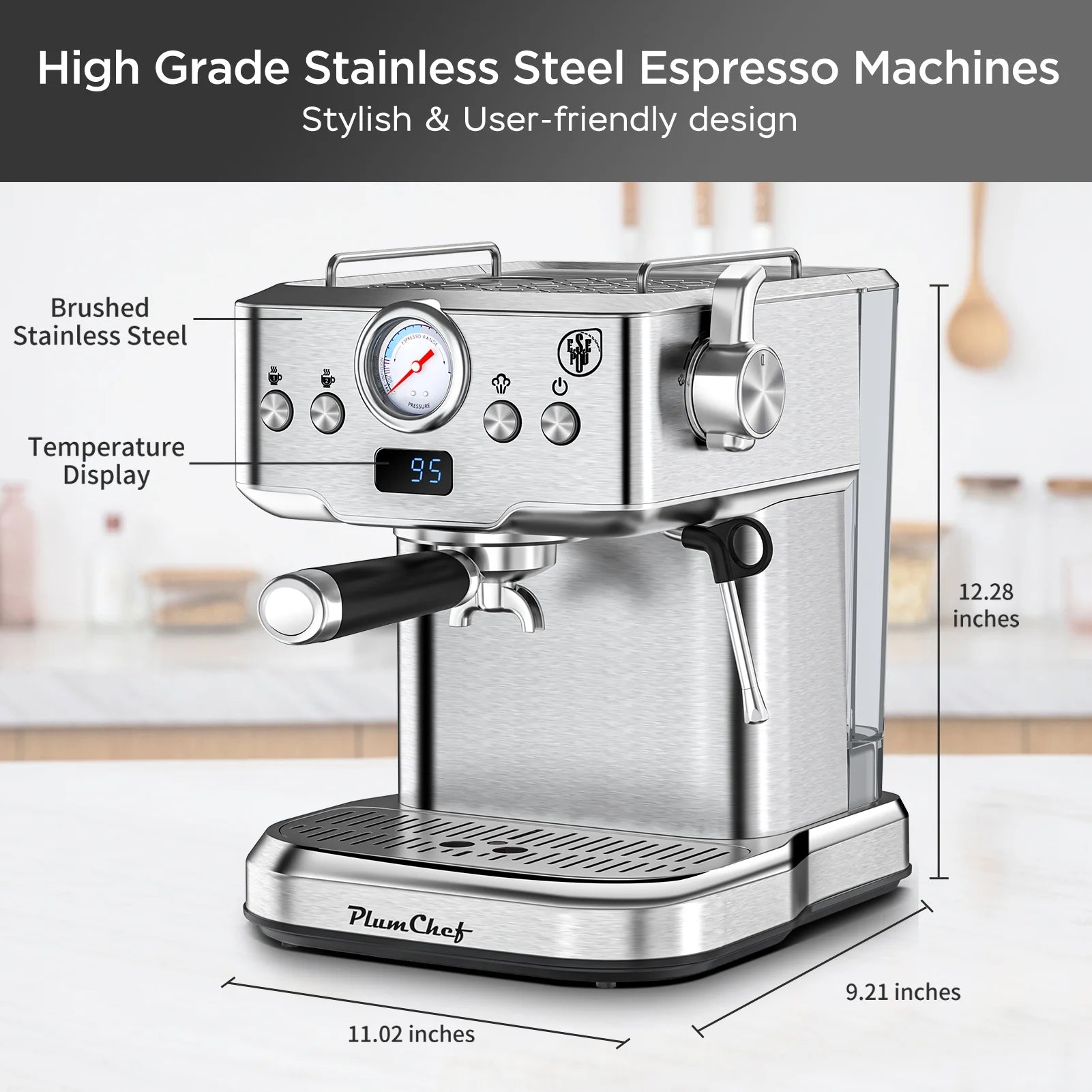 Plum Chef Espresso Machine 20 Bar Maker Coffee Machine 1.8L Water Tank, Stainless Steel, Silver