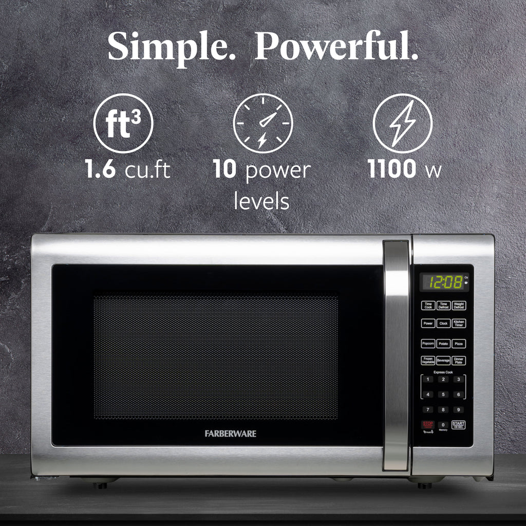 Farberware Countertop Microwave Ov 1100 Watts, 2.2 cu ft - Smart Sensor With LED Lighting and Child Lock - Perfect for Apartments and Dorms - Easy Clean Black Interior, Stainless Steel