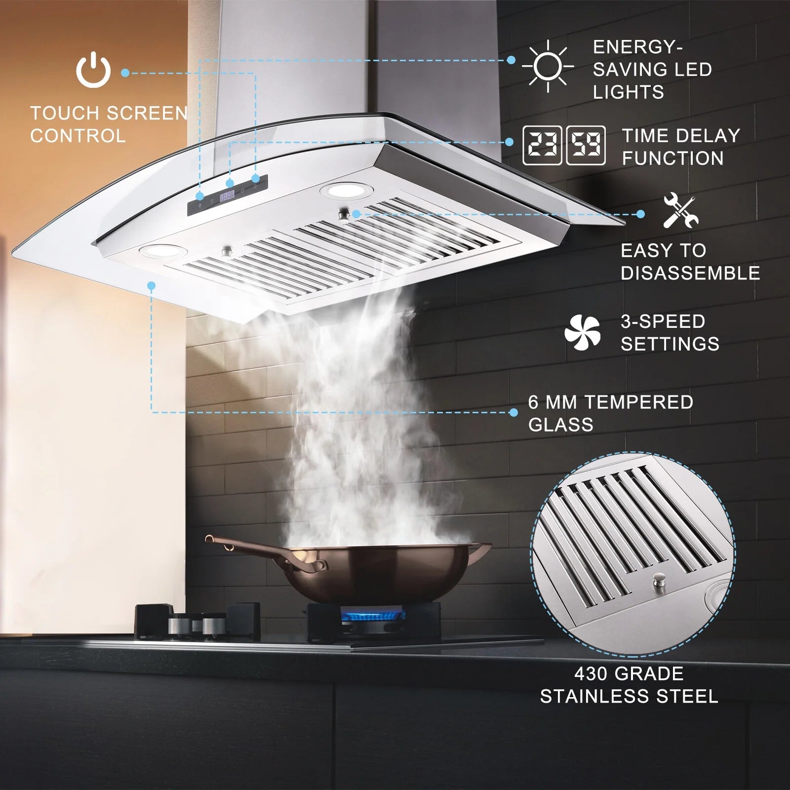 Joeaonz 30-Inch Wall Mount Range Hood with 3-Speed Ventilation and Dishwasher-Safe Filters, 700 CFM, 120V