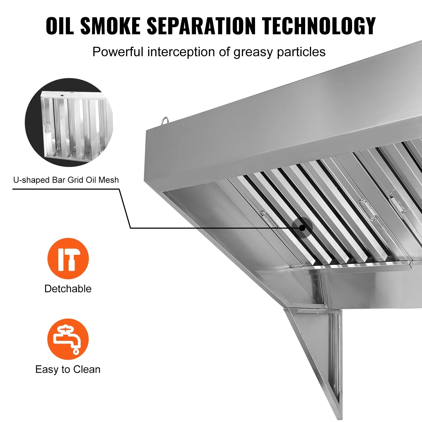 KFFKFF 9FT Stainless Steel Exhaust Hood for Commercial Use, Suitable for Food Trucks and Concession Trailers, Includes 4 Removable U-shaped Grease Filtration Meshes, Durable and Resists Corrosion
