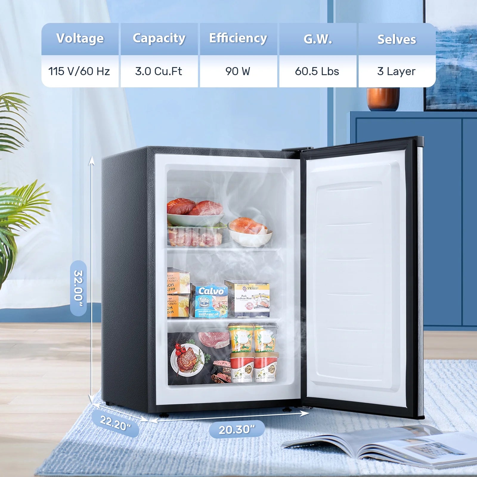 Auseo 3 Cu.ft Single Door Freezer, Compact Mini Freezer with Reversible Door for Kitchen, Apartment, Basement, Dorm, Black