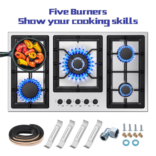 Amzgachfktch 36 Inch Gas Cooktop 5 Burner Built in Stainless with Thermocouple Protection, LPG/Natural Gas Convertible