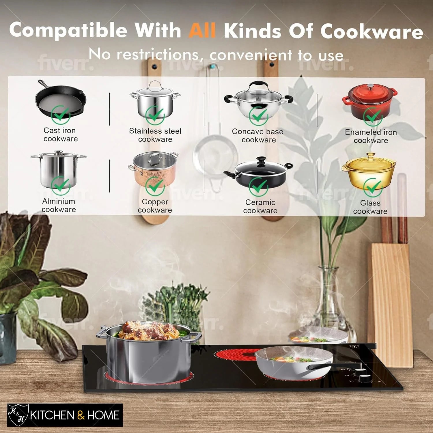 K&H German Designed 4 Burner 30 Inch Built-in Electric Stove Top Radiant Ceramic Kitchen Cooktop Knob Control 240V 7200W CE30-7206K