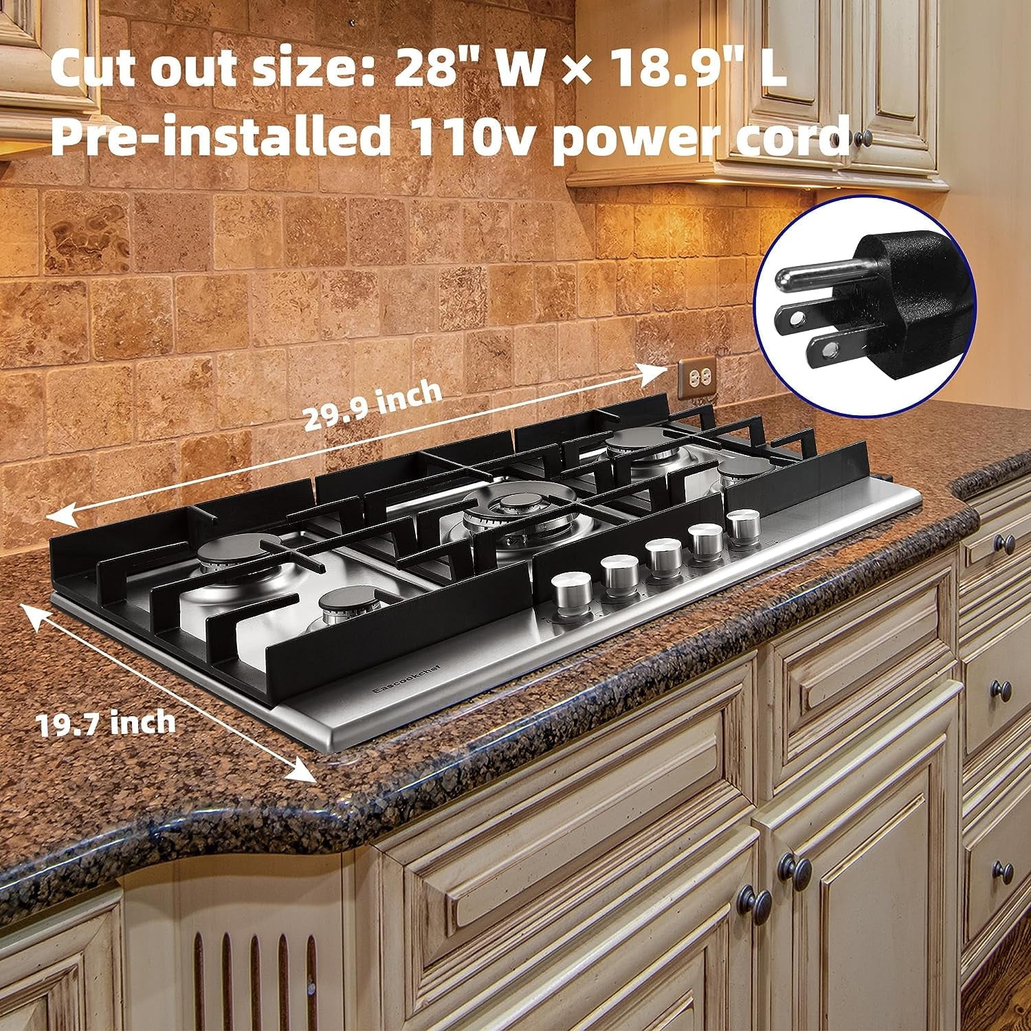 30 inch Gas Cooktop Gas Stove Top w/ 5 High Efficiency Burner Bulit-in Stainless Steel Gas Stoves for Kitchen NG/LPG Convertible Thermocouple Protection