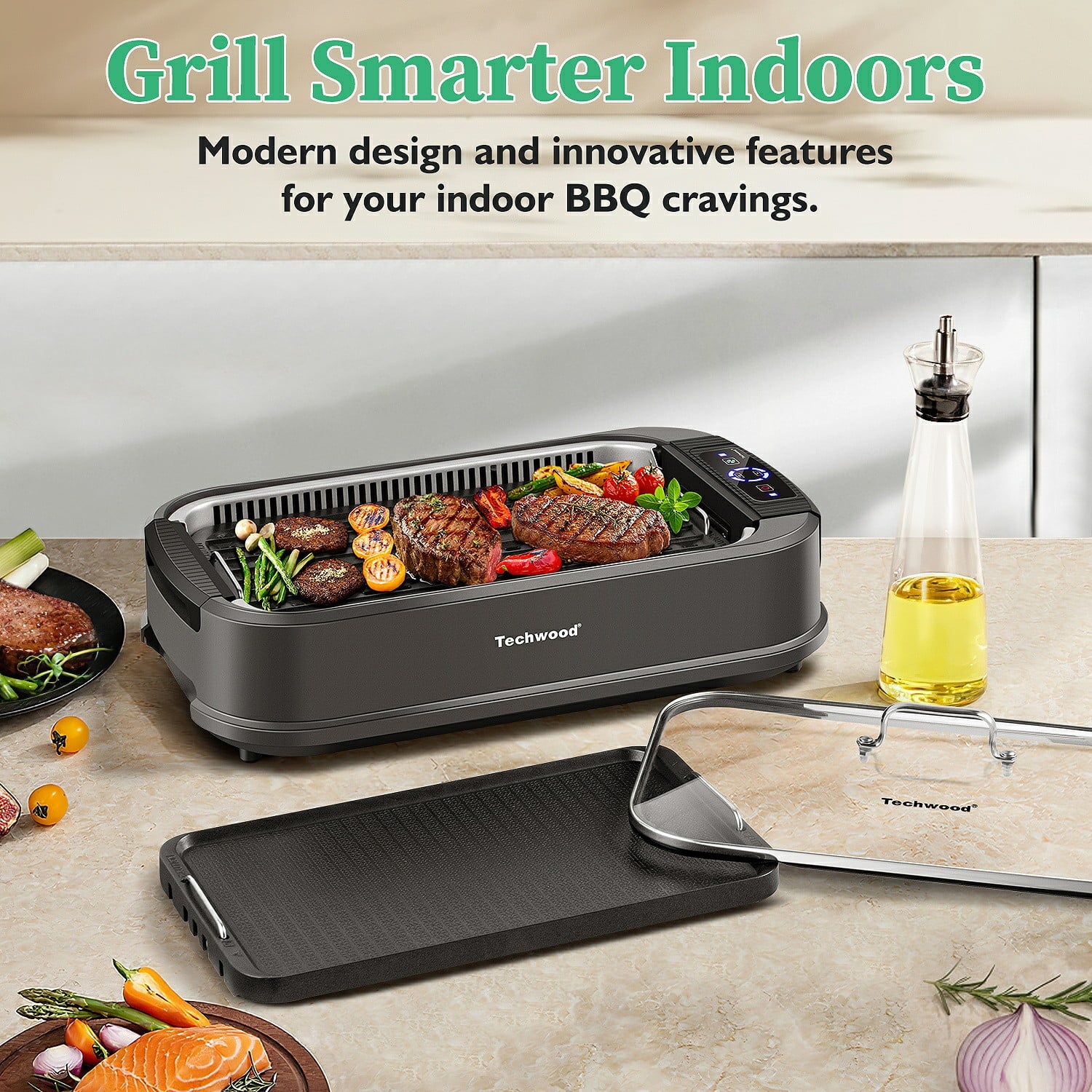 Techwood Indoor Smokeless Grill, 1500W, Black, Electric Portable Korean BBQ Grill with Tempered Glass Lid