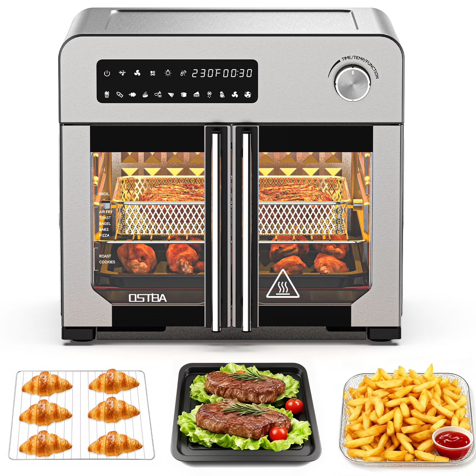 OSTBA French Door Air Fryer Toaster Oven Combo, Airfryer Convection Oven Countertop 10-in-1 Combo, 30% Faster 90% Less Oil, 102 Recipes & 7 Accessories Included 24 QT Stainless Steel