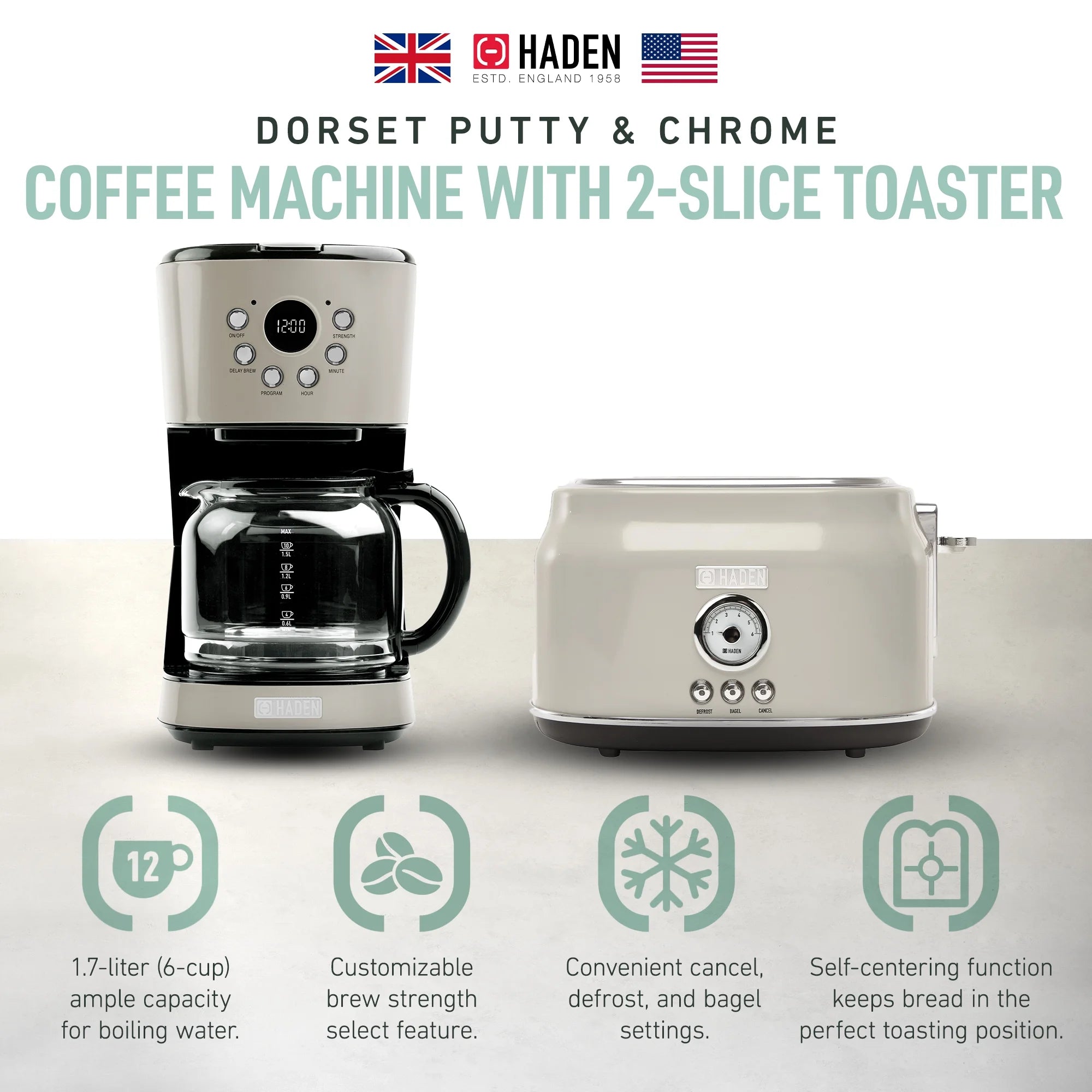 Haden 12 Cup Coffee Maker with 2 Slice Stainless Steel Bread Toaster, White