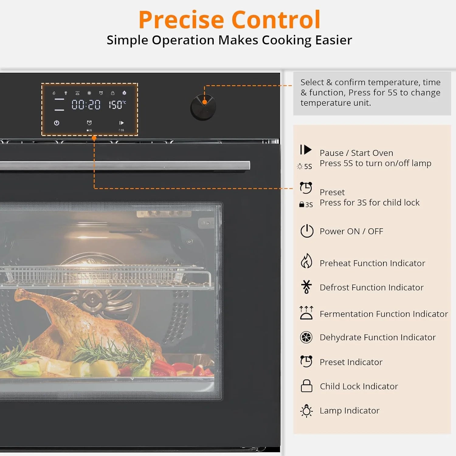 HELLONE 24" Single Wall Oven, Built-in Electric Ovens with 11 Cooking Modes, 3000W, 240V, 2.5 CF Convection Built-in Oven, Stainless Steel, Touch Control, Timer, Safety Lock