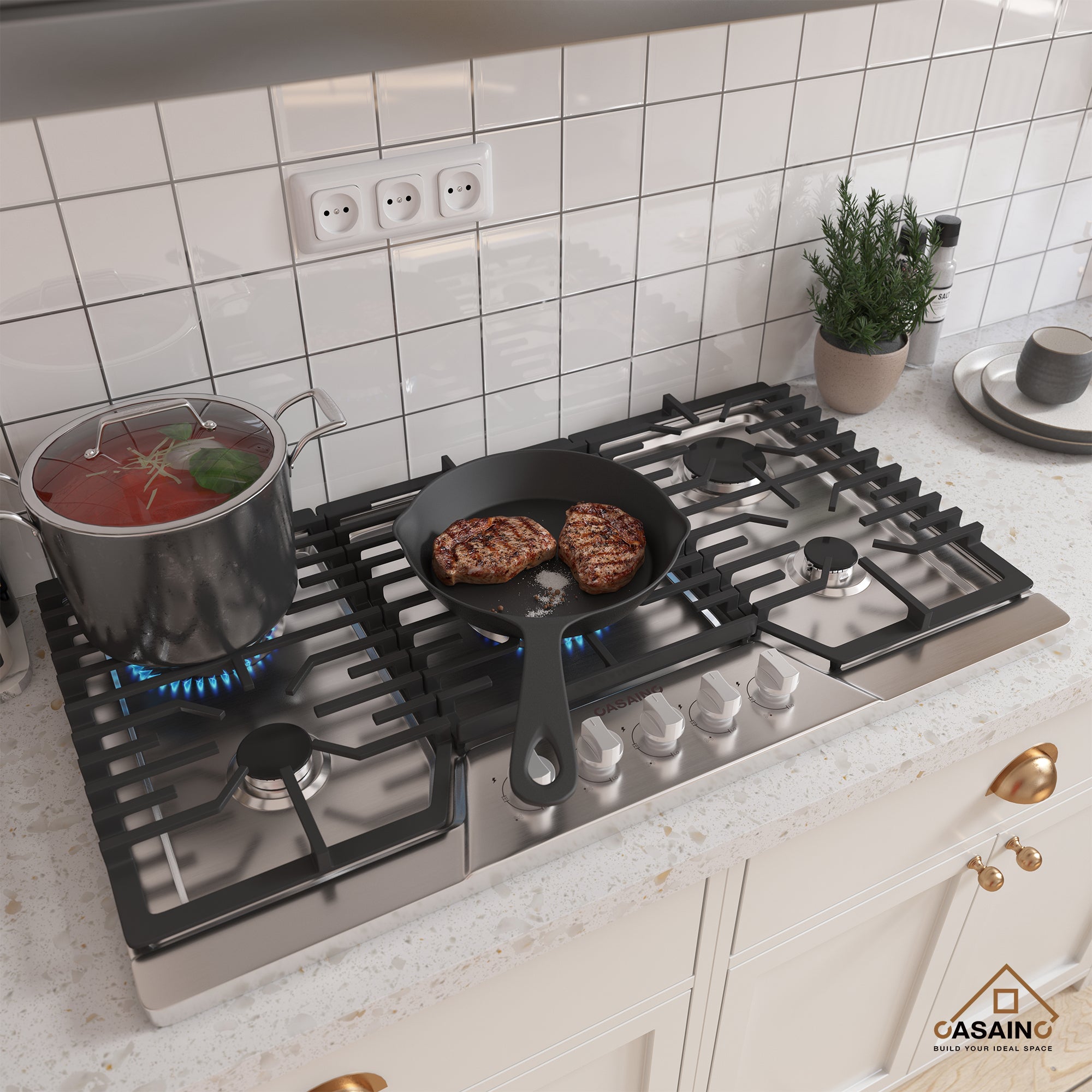 CASAINC 36" Recessed Natural Gas Cooktop with 5 Burners and Liquid Propane Conversion Kit, Stainless Steel