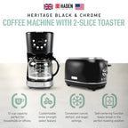 Haden 12 Cup Coffee Maker with 2 Slice Stainless Steel Bread Toaster, White