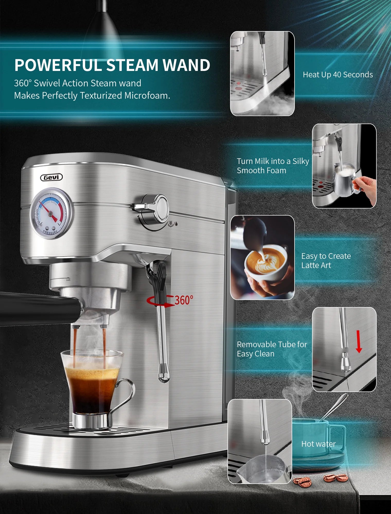Gevi Compact Espresso Coffee Machine with Milk Steam Wand GECME418EA-U