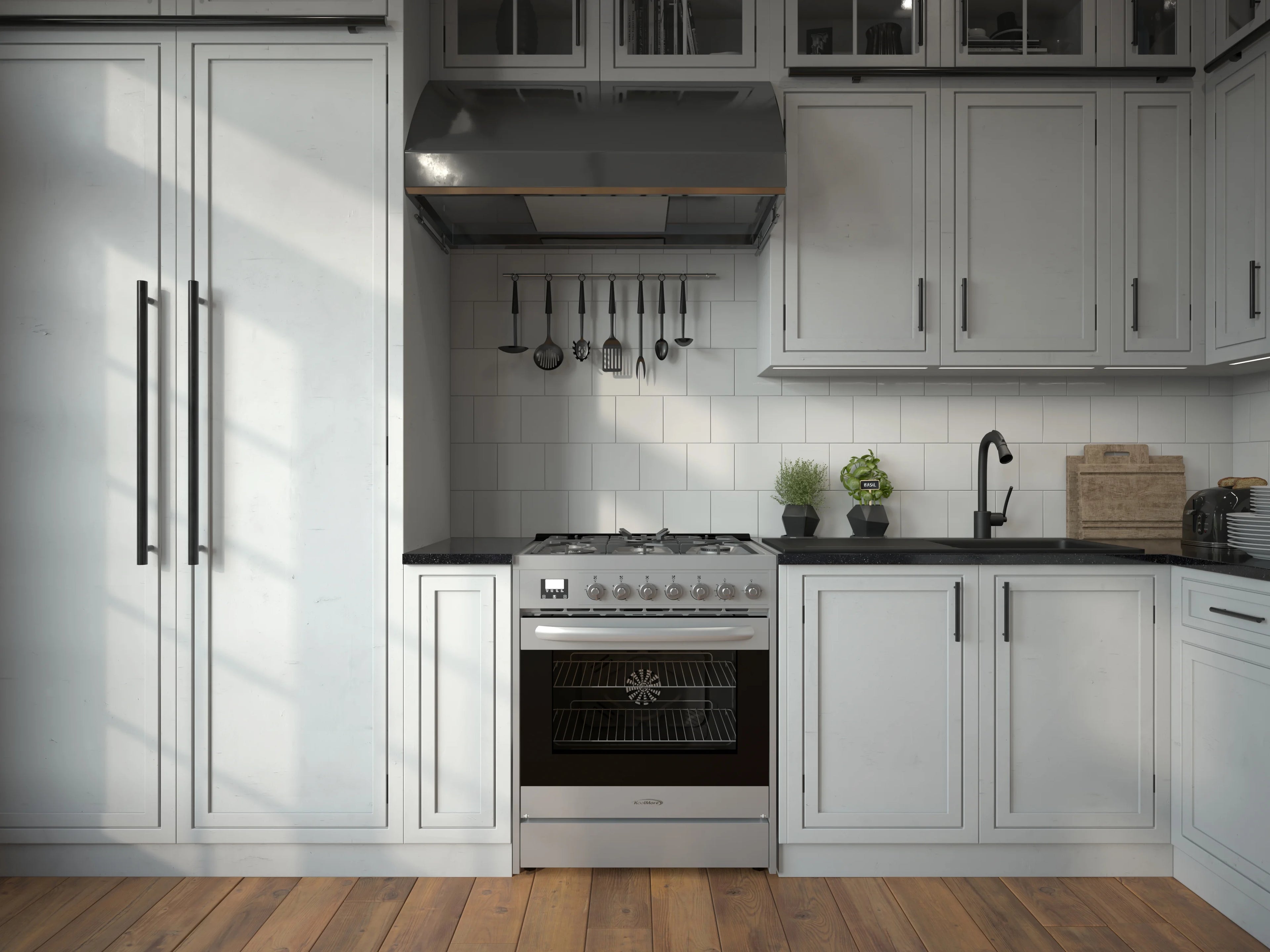 30�� Inch Professional Gas Range Stove with 5 Burner Cooktop, Rapid Convection Oven, and Digital Timer with Heavy-Duty Cast Iron Grates, Stainless-Steel Appliance, Silver