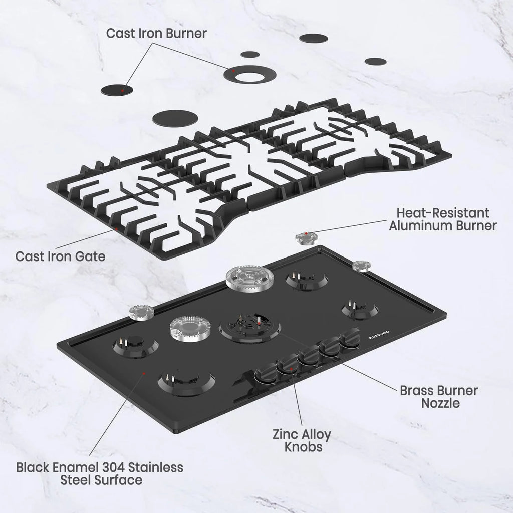 GASLAND 36 in. 5 Burners Black Enamel Gas Cooktop with Griddle, NG/LPG Convertible, PRO GH3365EF