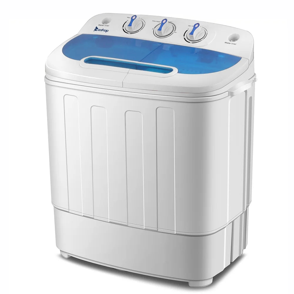 Semi-automatic Twin Tub Washing Machine with Built-in Drain Pump, 13Lbs Capacity, US Standard, White & Blue, Compact Design for Small Spaces