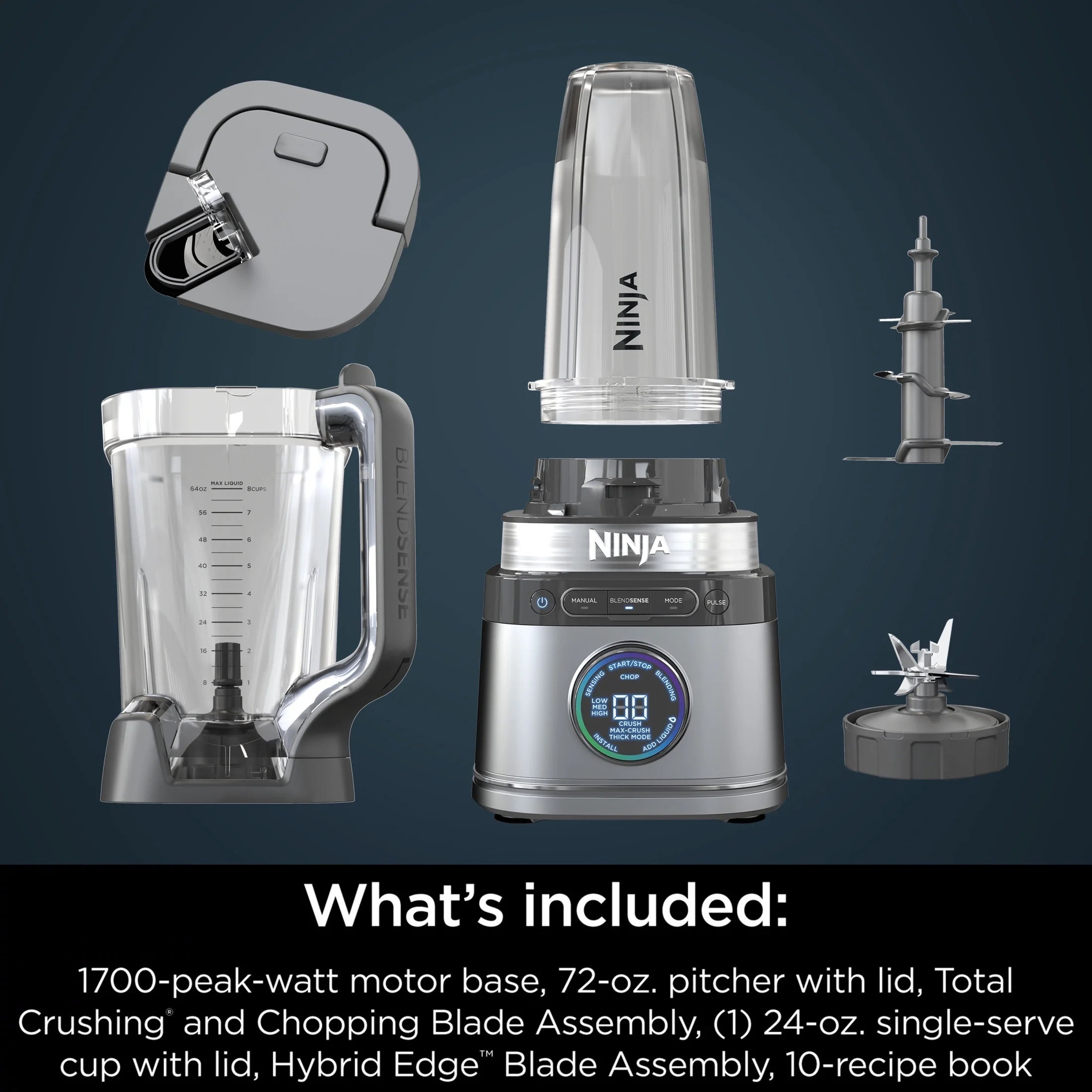 Ninja Detect Duo Power Blender + Personal Single-Serve, BlendSense Technology, Kitchen Countertop, 1700 Watts, 72 oz Pitcher, 24 oz Cup, TB300 Silver