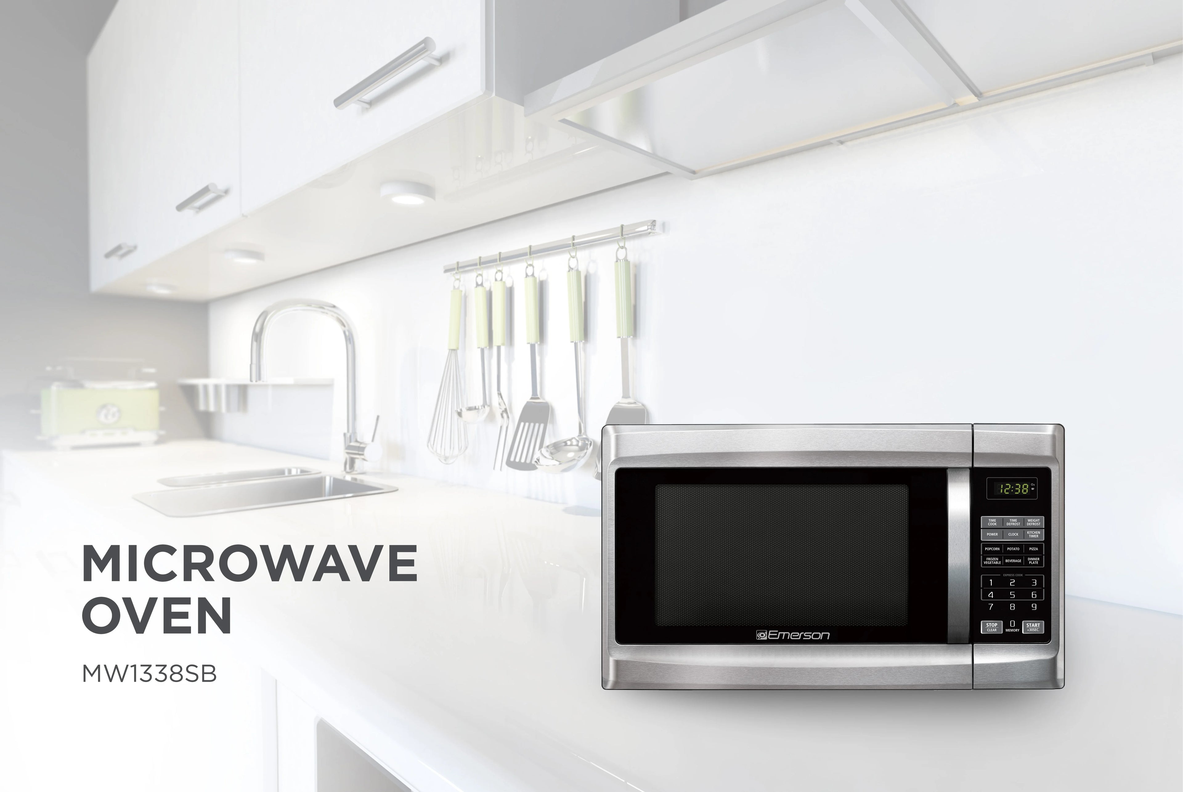 Emerson 1.3 Cu Ft 1000 Watt, Touch Control Microwave Oven, Stainless Steel/Black, MW1338SB