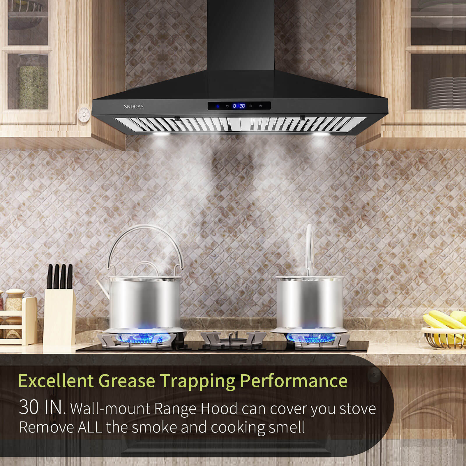 30 inch Wall Mount Range Hood Stainless Steel 350 Cfm Cooking Stove Vented LED Lamp 3 Speed Black