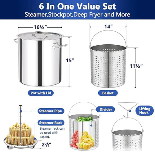 52QT Seafood Boiling Kit, 200,000BTU Propane Burner And Stainless Steel Crawfish Boil Pot w/Basket and Steamer Rack, For Outdoors Cooking and Steaming, Large Turkey Fryer Pot, Lobster Shrimp Pot