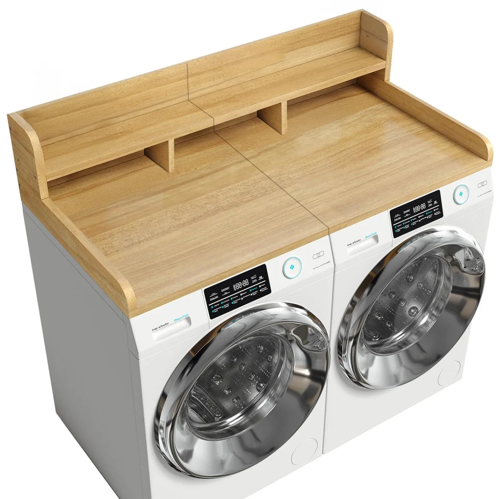 Modern Washer Dryer Countertop with 2-Tier Shelf,Laundry Room Countertop Organization Storage with 2.75" H Guard Edge Rails,Non-Slip Pad,Waterproof and Easy to Clean,54"W x 27.55"D,Natural Wood
