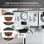 20 Bar Espresso Machine with Milk Frother, Single & Double Shot, ESE Pod Compatible, Removable Water Tank for Cappuccino, Latte, & Machiato for Home Barista