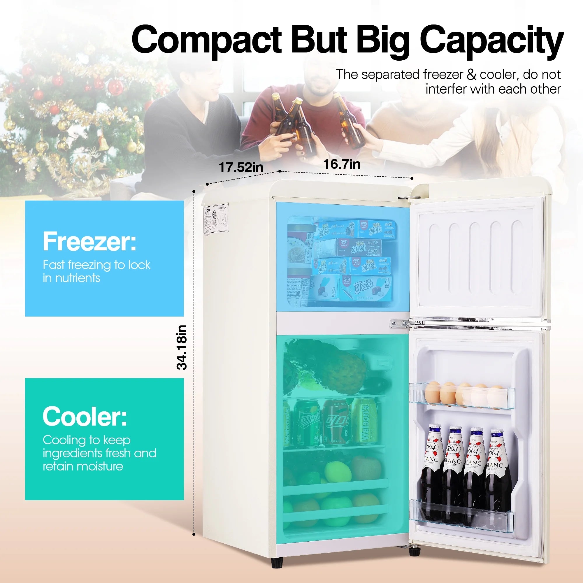GGTB 3.0 Cu.Ft Two Door Small Refrigerator with Freezer, Compact Retro Small Refrigerator for Dorm, Office, Bar, RV, Bedroom, Blue