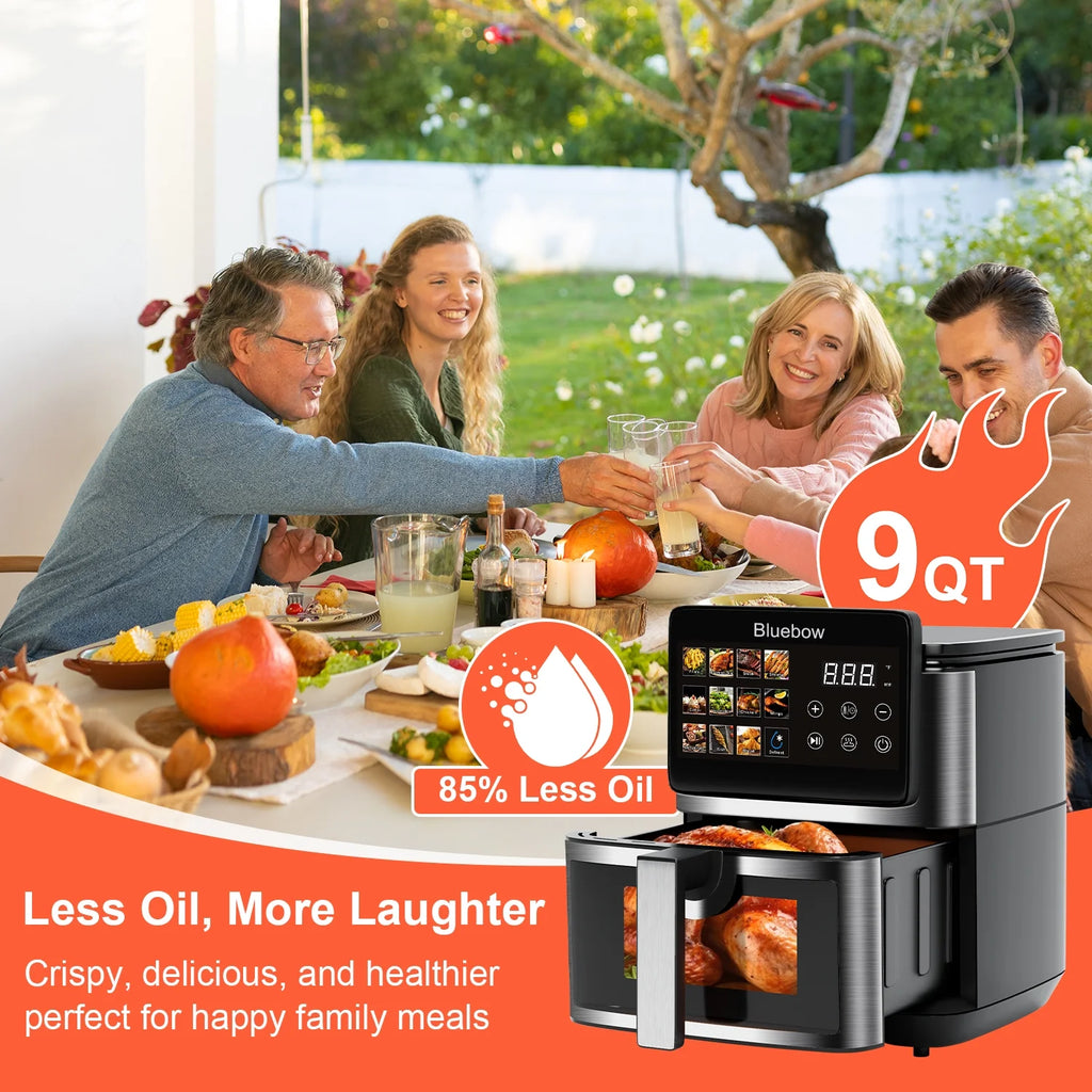 Bluebow 9QT Air Fryer with Large Touch Screen, 12-In-1 Multi-Functional, Visible Window, Oil-Free Cooking, Black