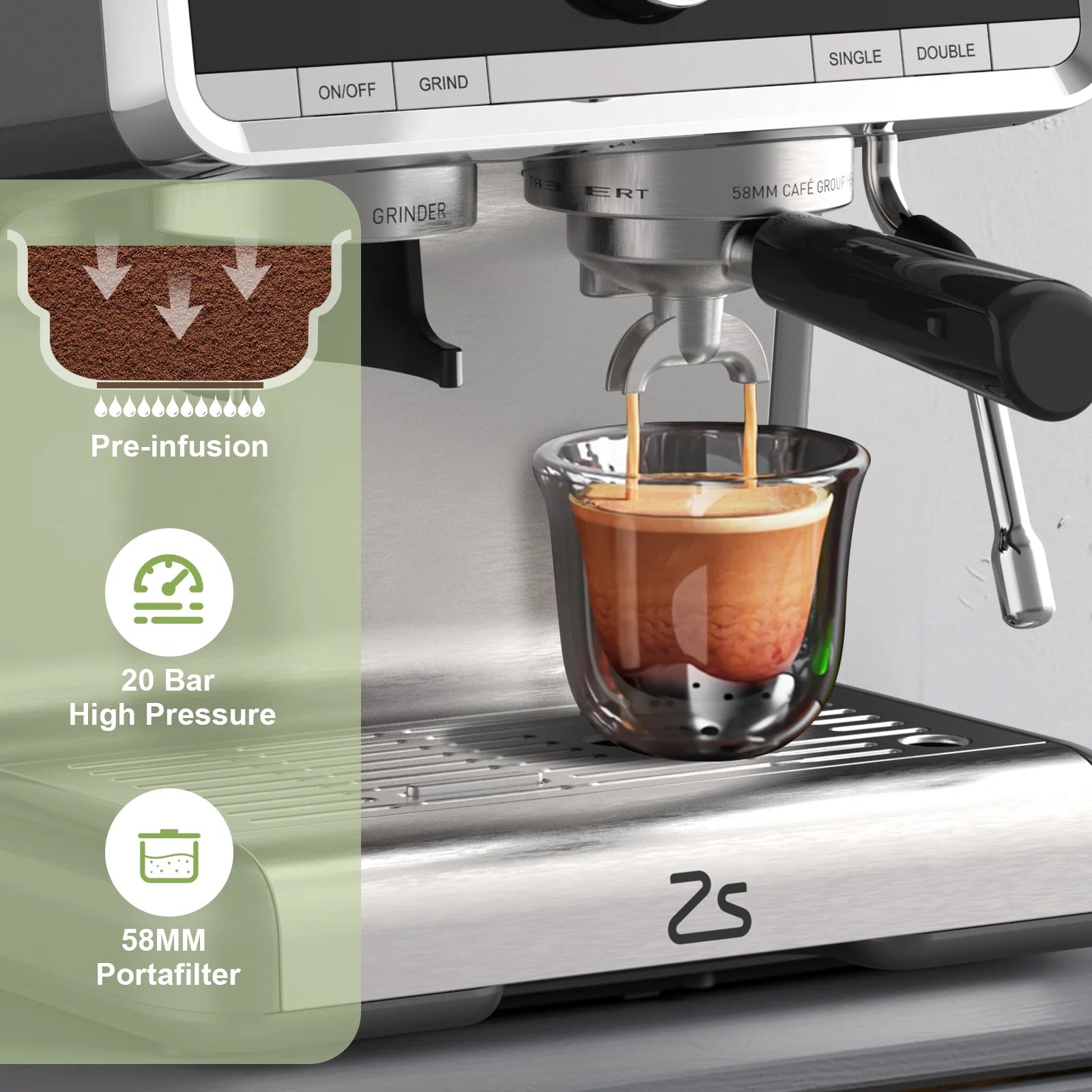 Espresso Coffee Machine with Grinder, 20 Bar Semi-Automatic Espresso Maker with Milk Frother Steamer Wand for Cappuccino, Latte, Macchiato, 2.8 L Water Tank, PID Temperature Control, Silver