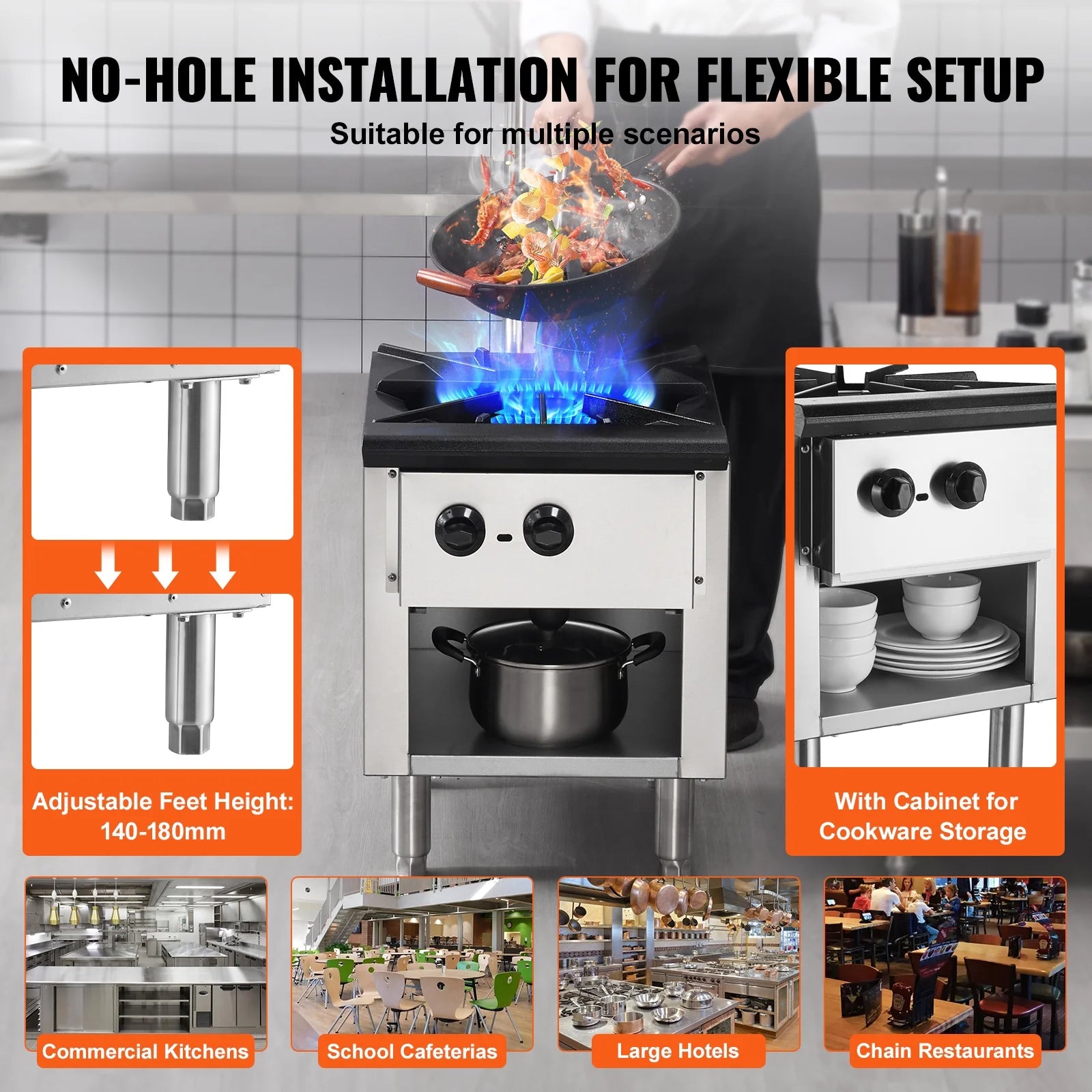 KFFKFF Gas Range for Commercial Kitchens, Dual Fuel Support with Propane & Natural Gas, Stainless Steel Countertop Burner, 90,000 BTU, Includes Storage Cabinet, Ideal for Restaurants