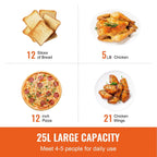 12-In-1 air-fried toaster oven, 25L convection table oven, 1700W stainless steel with pizza pan, rack and gloves, 12-slice and 12-inch pizza capacity