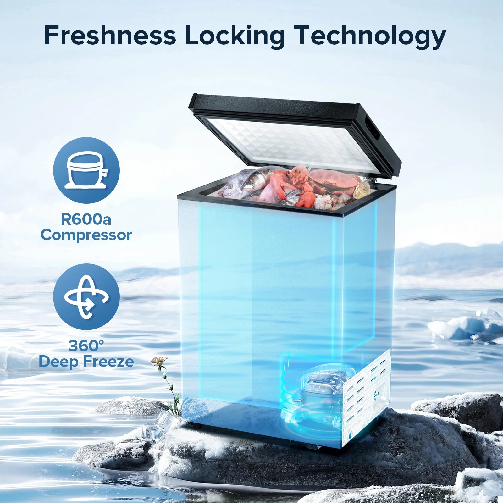 LHRIVER Mini Freezer Chest 3.5 cu ft, Deep Freezer & Side Handle, Compact Freezer with 7 Gear Adjustable Temperature, Removable Storage Basket, Black