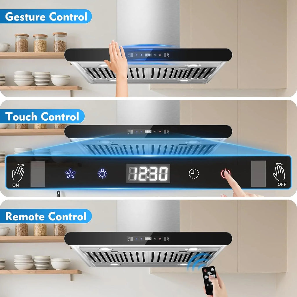 Island Range Hood 30 Inch 700 CFM kitchen Hood with Dual-Sided Touch Gesture Remote Control Ceiling Mount Convertible Ducted/Ductless 3-Speed Fan 3 Stainless Steel Baffle Filters
