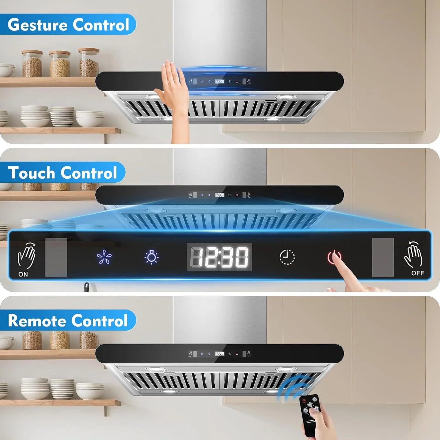 Island Range Hood 30 Inch 700 CFM kitchen Hood with Dual-Sided Touch Gesture Remote Control Ceiling Mount Convertible Ducted/Ductless 3-Speed Fan 3 Stainless Steel Baffle Filters