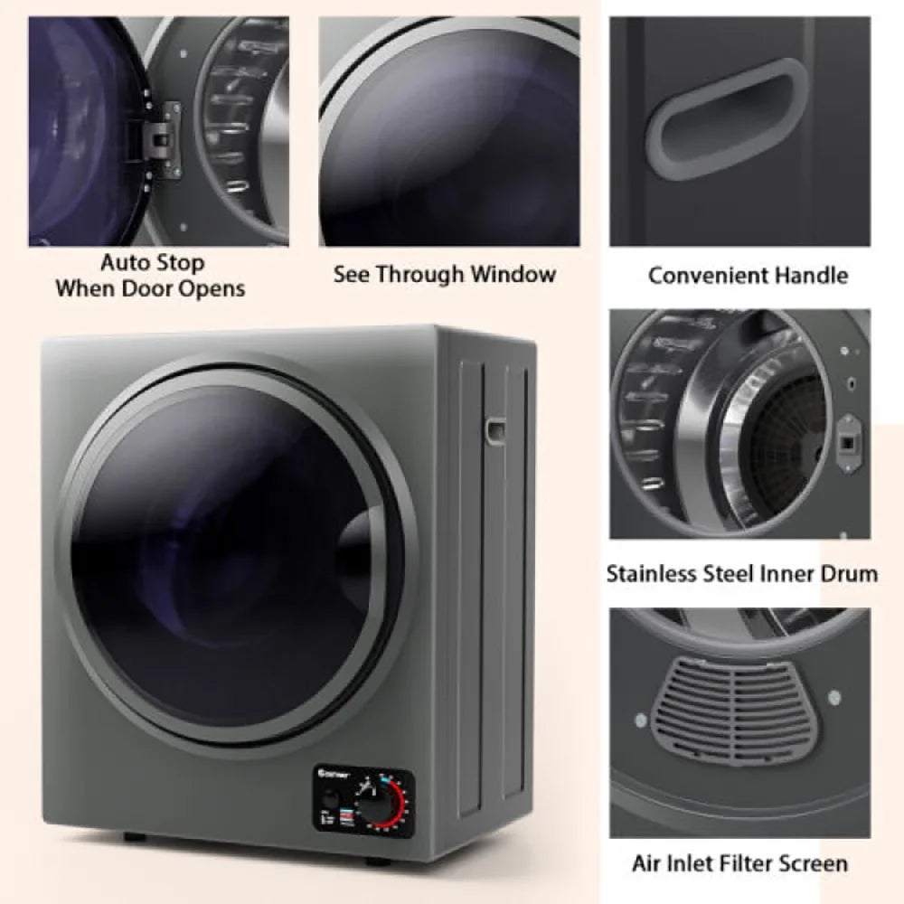Resenkos 1.5 Cu .ft Clothes Dryer with with Stainless Steel Wall Mount-Gray, Portable Clothes Dryer, Compact Dryer for laundry