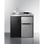 36" wide all-in-one kitchenette with 2-burner 115V smooth-top cooktop, refrigerator-freezer, sink, and storage cabinet