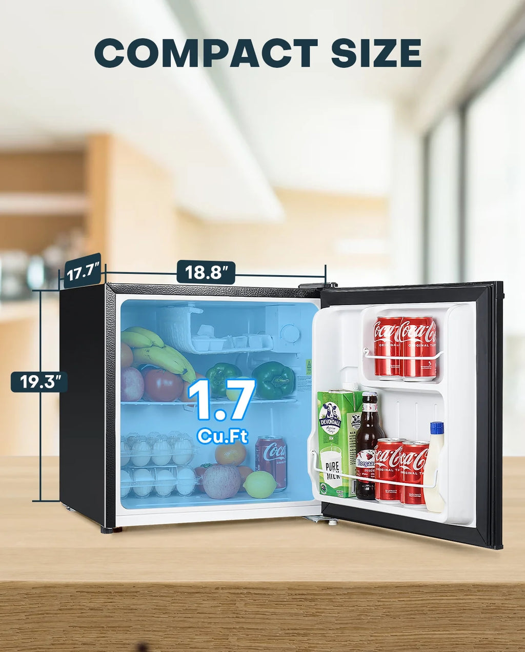 Upstreman 1.7 Cu ft Mini Fridge with Freezer Single Door Compact Refrigerator, Low Noise, Energy Saving, Adjustable Temperature, Reversible Door, for Home Office Dorm, Black FR17