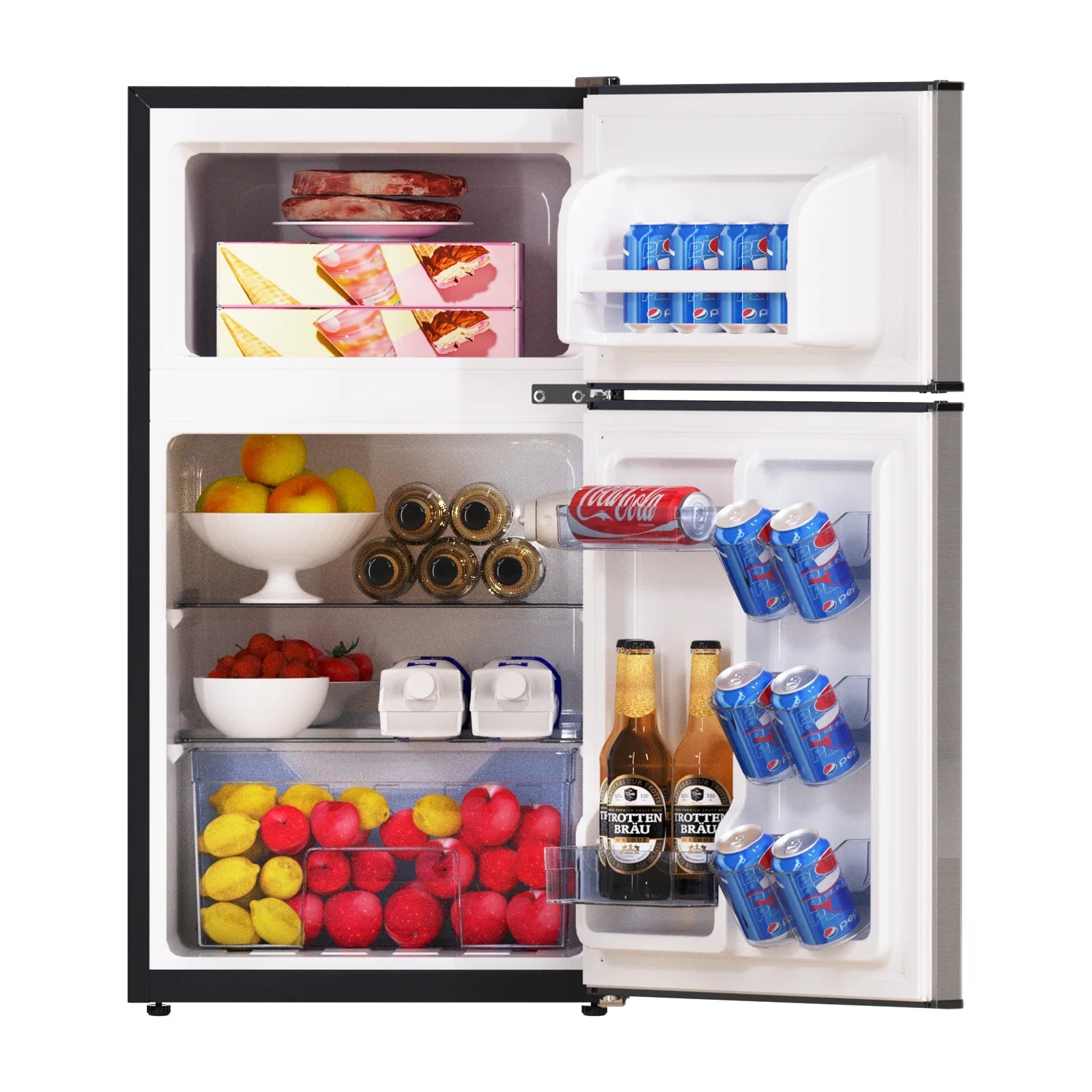 Frestec 2-Door Mini Fridge - 3.2 Cu Ft, Energy Star Rated, Perfect for Dorm or Apartment,Stainless Steel