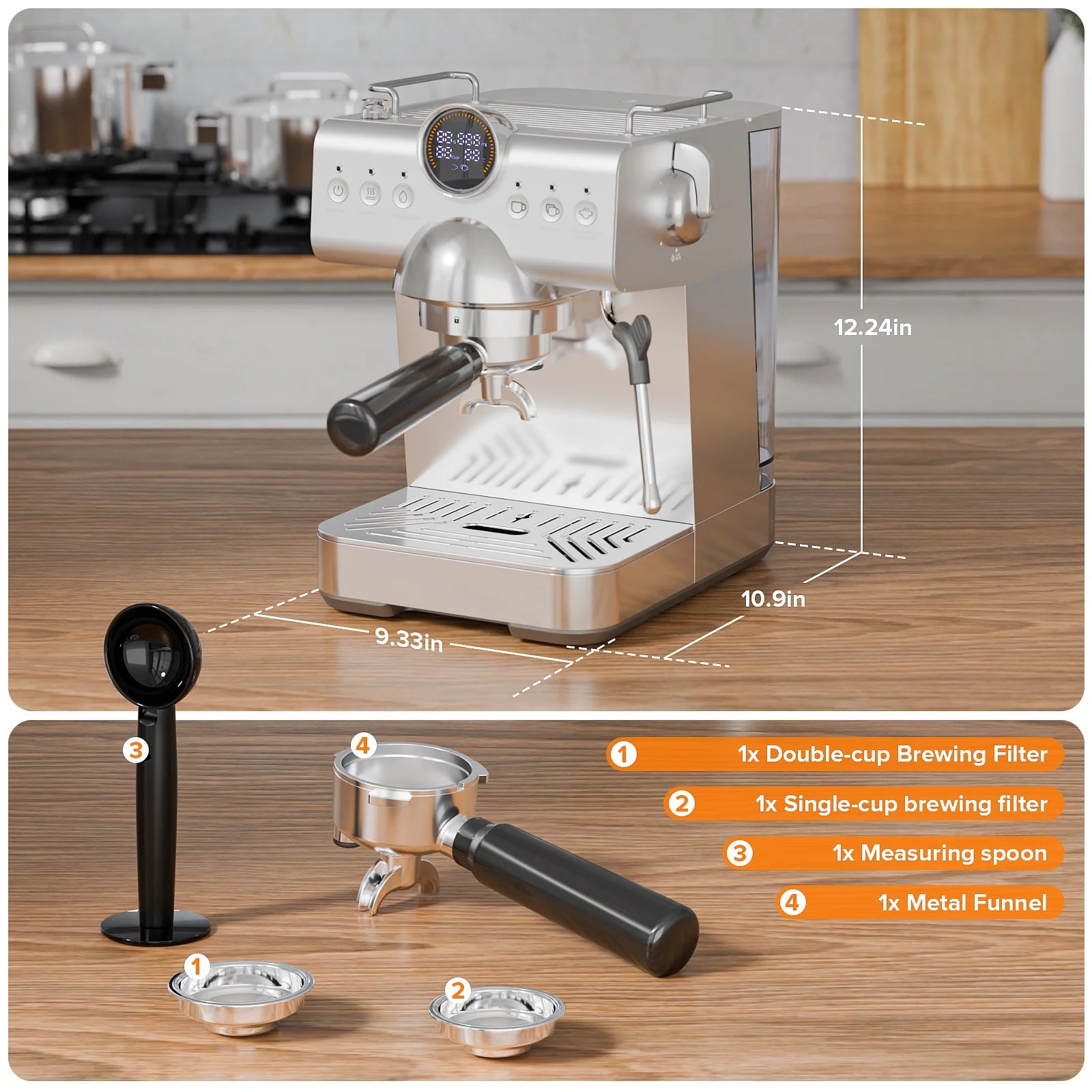 Auseo Espresso Machines with Cold Brew & Milk Frother, 20-Bar Pressure Espresso Coffee Maker, Smart LED Display & Compact Stainless Steel Design for Lattes/Cappuccinos