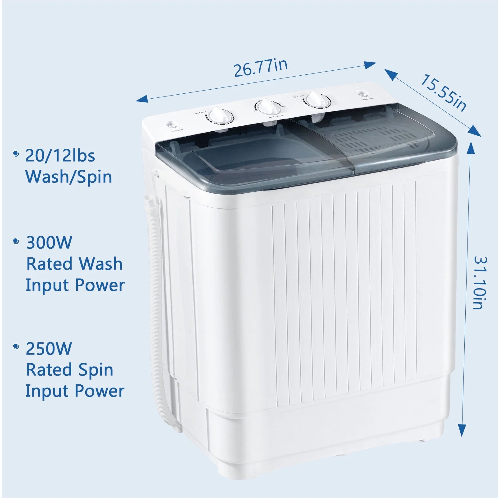 Dimedeal Portable 18lbs Twin Tub Mini Washing Machine, 11lbs Washer & 7lbs Spinner with Drying Rack & Hangers