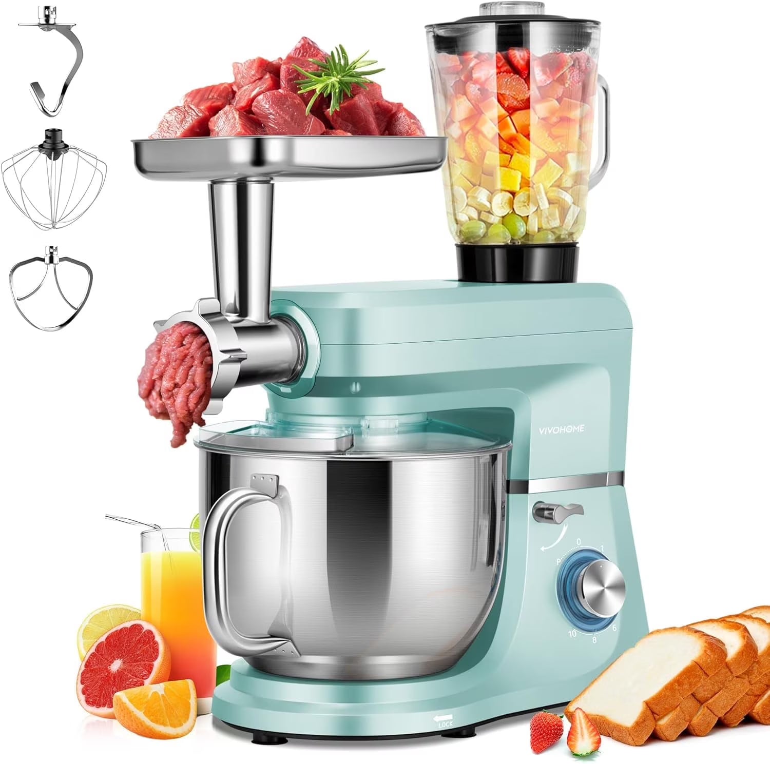 SPECSTAR 6 in 1 Multifunctional Stand Mixer with 8.5 Quart Stainless Steel Bowl, 660W 10 Speed Tilt-Head, Silver