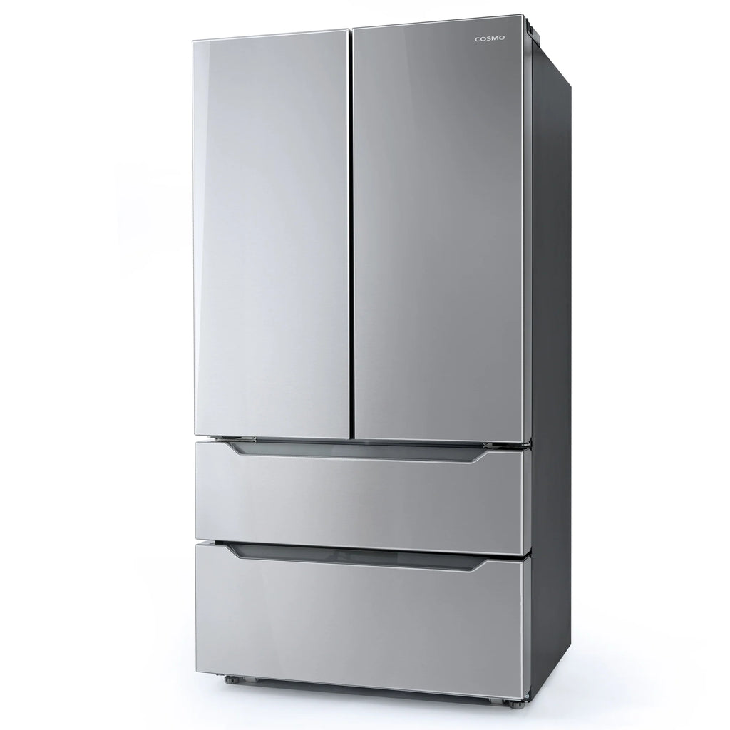 Cosmo 4 Piece Kitchen Appliance Packages with 36" Freestanding 220/240V Dual Fuel Range 36" Under Cabinet Mount Range Hood 24" Built-in Dishwasher & French Door Refrigerator Kitchen Appliance Bundles