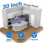 AMZCHEF Under Cabinet Range Hood 30 Inch, 750CFM Wall Mount Range Hood with 3 Speed Kitchen Exhaust Fan, Button Control, AC Motor