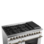 Galiano 48-inch Dual Fuel Range White  Antique Brass Design with 8 Sealed Burners 107,000 BTU, 6.58 cu. ft. double ovens  Griddle
