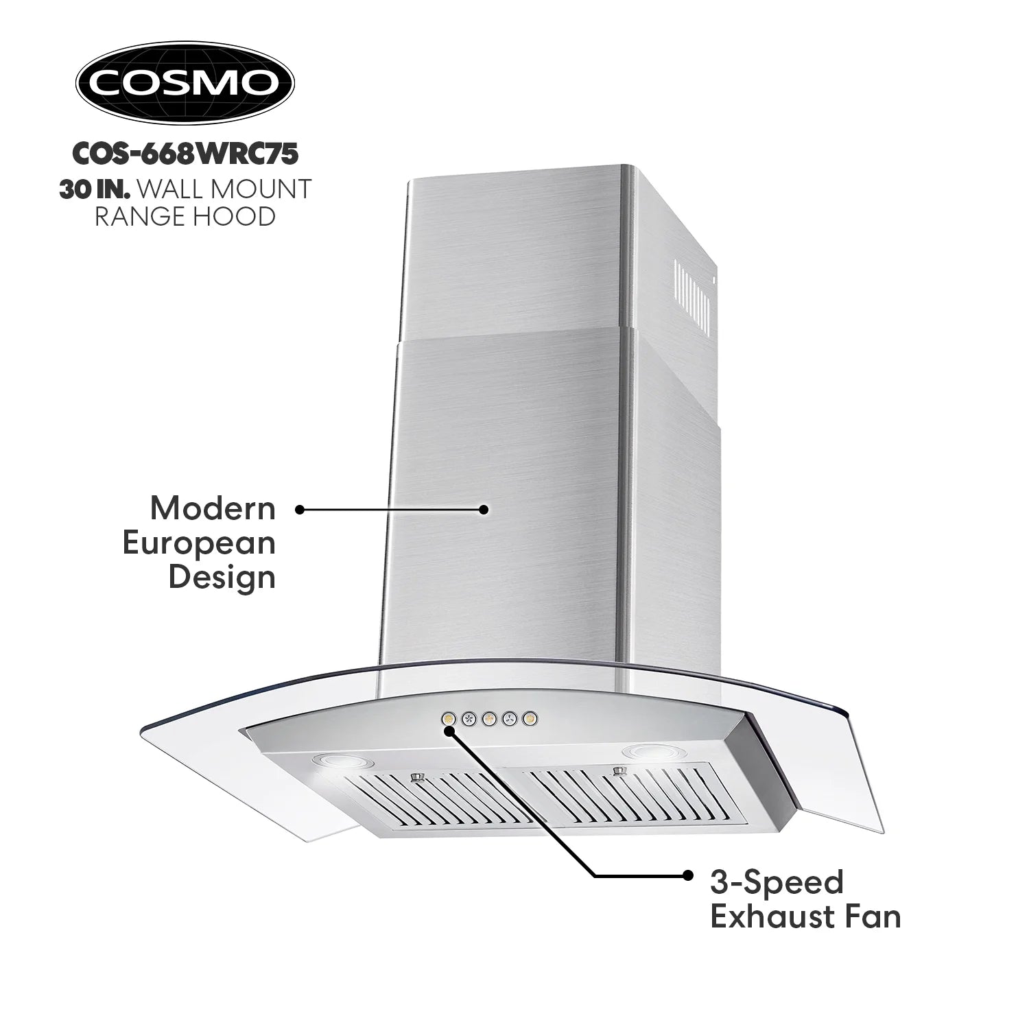 30 in. Vista Collection Ductless Wall Mount Range Hood, Button Controls, LED Lights, Stainless Steel