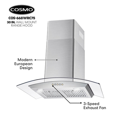 30 in. Vista Collection Ductless Wall Mount Range Hood, Button Controls, LED Lights, Stainless Steel