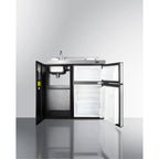 36" wide all-in-one kitchenette with 2-burner 115V smooth-top cooktop, refrigerator-freezer, sink, and storage cabinet