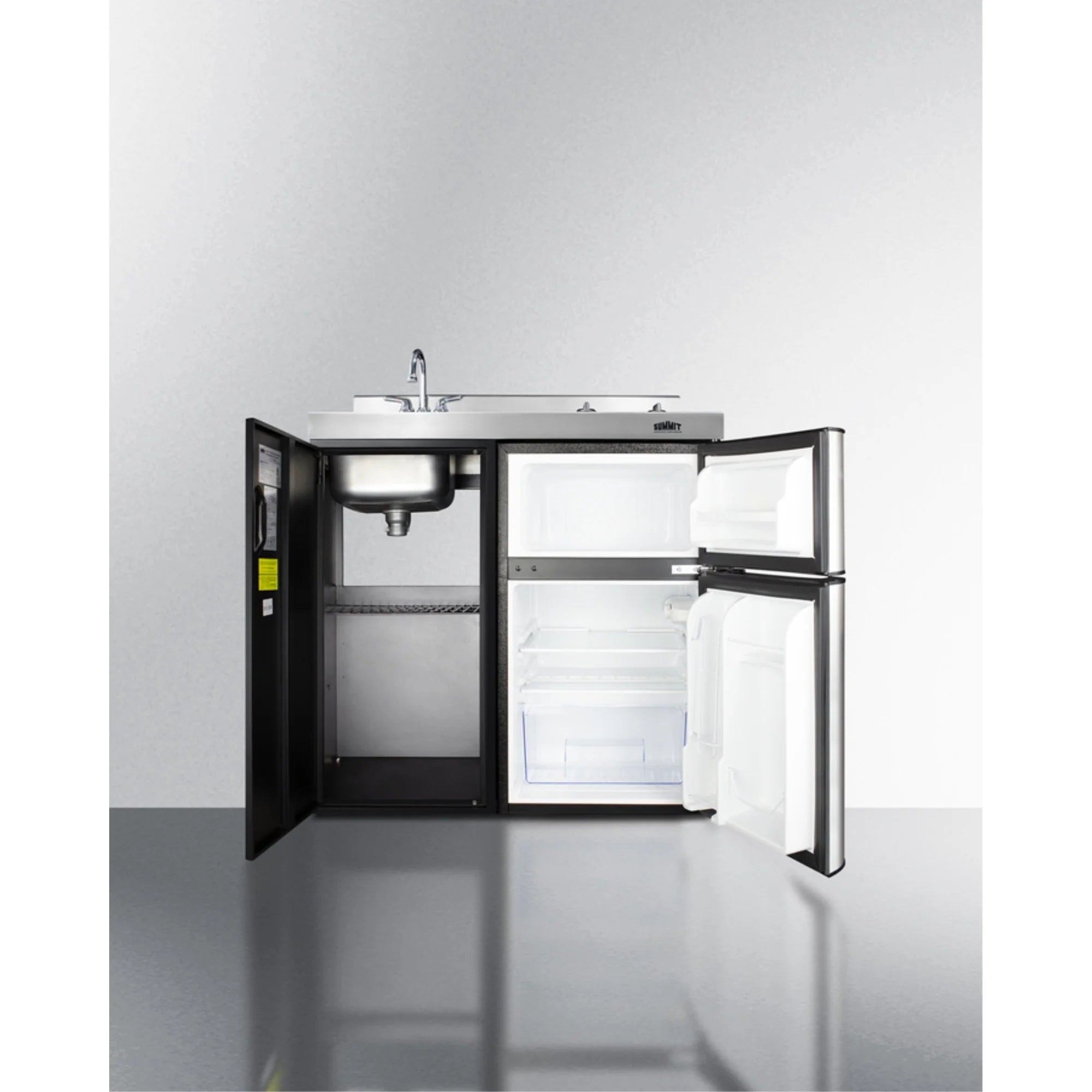 36" wide all-in-one kitchenette with 2-burner 115V smooth-top cooktop, refrigerator-freezer, sink, and storage cabinet
