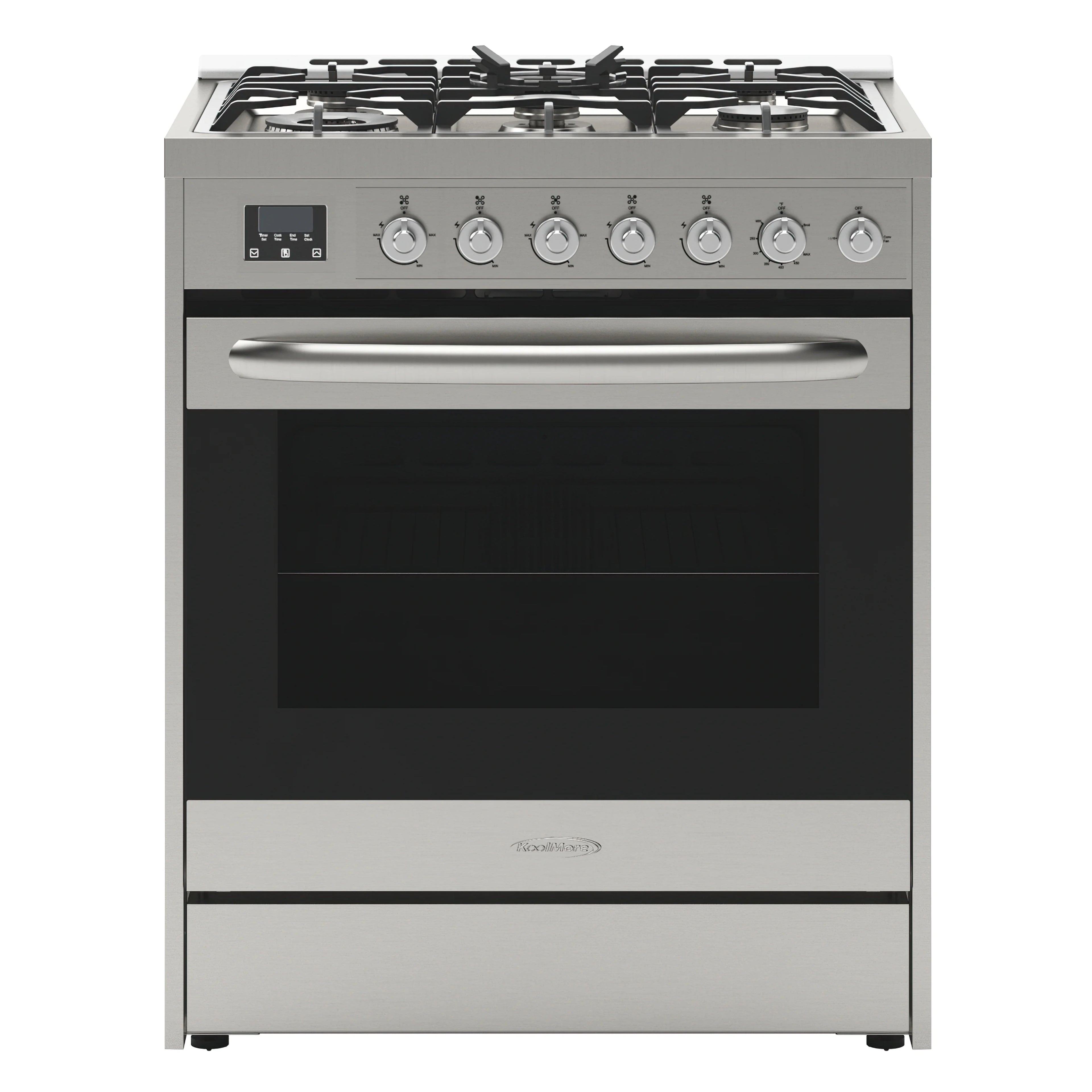 30�� Inch Professional Gas Range Stove with 5 Burner Cooktop, Rapid Convection Oven, and Digital Timer with Heavy-Duty Cast Iron Grates, Stainless-Steel Appliance, Silver