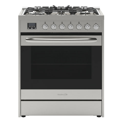 30�� Inch Professional Gas Range Stove with 5 Burner Cooktop, Rapid Convection Oven, and Digital Timer with Heavy-Duty Cast Iron Grates, Stainless-Steel Appliance, Silver