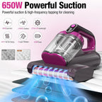 Mattress Vacuum Cleaner, 17Kpa 650W Bed Vacuum with 273nm -C Light & 145 �� F Heating, 80000 RPM Brushroll for Pillows, Cribs, Sofa - Black Corded