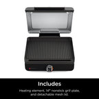 Ninja Sizzle Indoor Grill, 14'' Nonstick Grill Plate, Dishwasher-Safe Removable Mesh Lid, Even Edge-to-Edge Cooking, Black/Silver, GR100